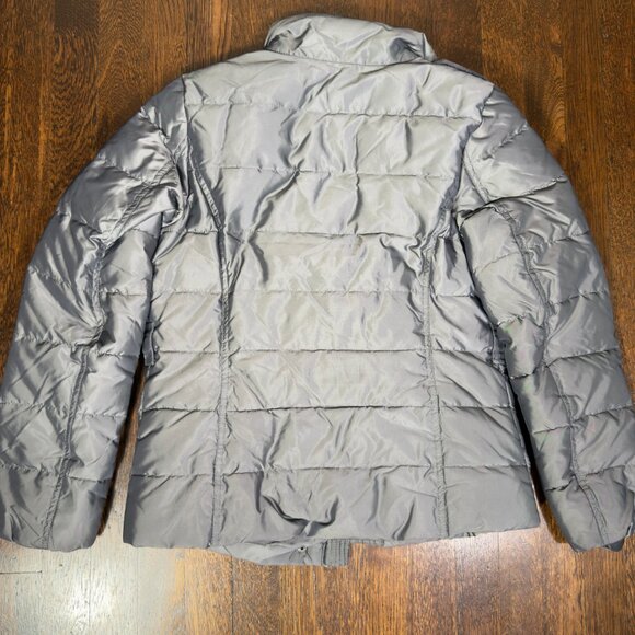 DKNY Women’s Down Puffer Jacket Small Gray Metallic Hooded Warm Winter Coat - Picture 3 of 8